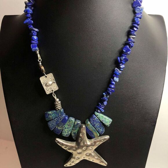 3511 Fetish Brand Lapis silvertone starfish pendant beachy statement necklace - Picture 1 of 3